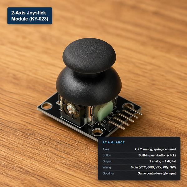 KY-023 2-axis analog joystick module with at-a-glance spec card showing X/Y axes and built-in push-button