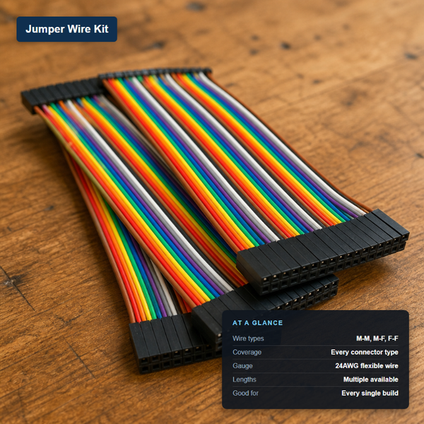 Rainbow jumper wire kit bundle with key specs: male-male/male-female/female-female types, 24AWG flexible wire, multiple lengths.