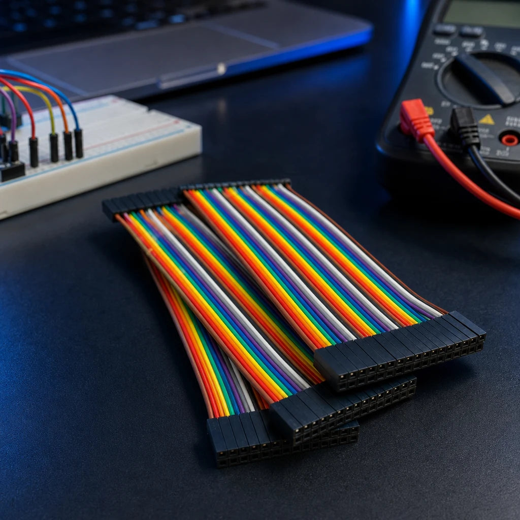 Rainbow ribbon jumper wires on a dark electronics workbench beside a breadboard and multimeter.