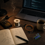 Real 16x2 I2C character LCD display composited onto a maker's desk scene: soldering iron, solder spool, colorful jumper wires, a laptop, a cup of coffee, and a notebook with hand-drawn circuit sketches.