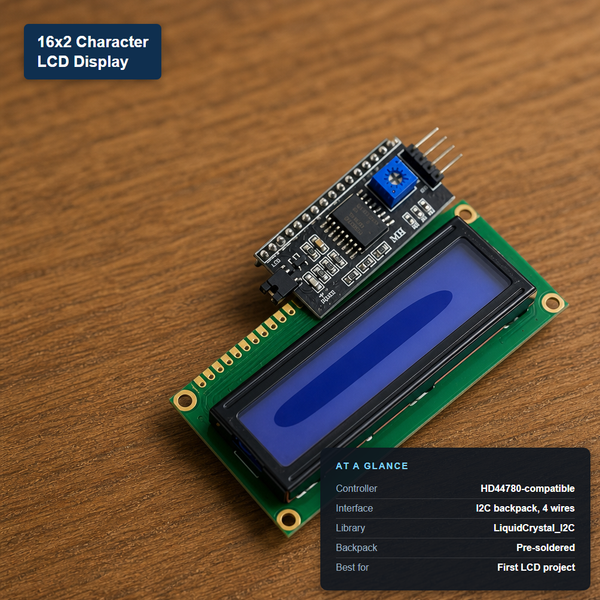 16x2 character LCD display with a pre-soldered I2C backpack module, labeled with its at-a-glance specs: HD44780-compatible controller, 4-wire I2C interface, LiquidCrystal_I2C library support, and pre-soldered backpack.