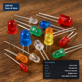 Assorted 3mm and 5mm through-hole LEDs in multiple colors from the choose-your-color LED kit.