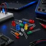 Colorful 3mm and 5mm LEDs on a workbench with one lit blue LED on a breadboard.
