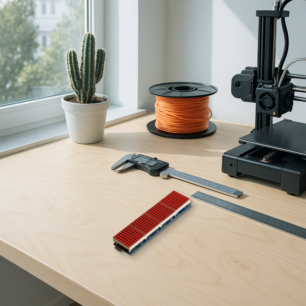 Real 4-in-1 cascaded LED matrix display composited onto a bright daylight desk scene: a 3D printer, a spool of orange filament, digital calipers, a metal ruler, and a potted cactus by a sunlit window.