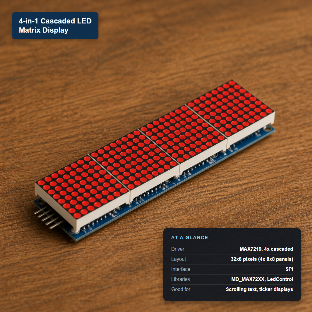 4-in-1 cascaded MAX7219 LED matrix display, four 8x8 red dot-matrix panels on a driver board, labeled with its at-a-glance specs: SPI interface, 32x8 pixel layout, MD_MAX72XX and LedControl library support.