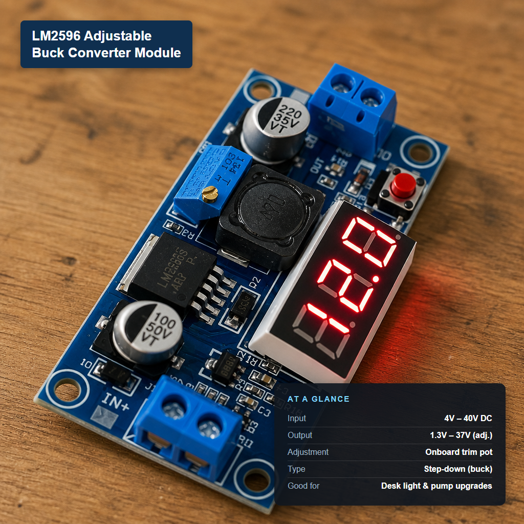 LM2596 adjustable buck converter module with a blue PCB, blue terminal blocks, black electronic components, a red button, and an on-board red 7-segment LED display, shown on a wooden surface with product text overlays.