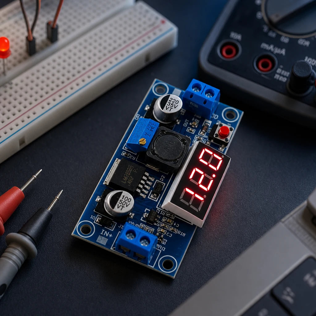 LM2596 buck converter module on an electronics workbench with a breadboard, multimeter, and test leads, showing its digital voltage display, trim pot, and IN/OUT terminal blocks.