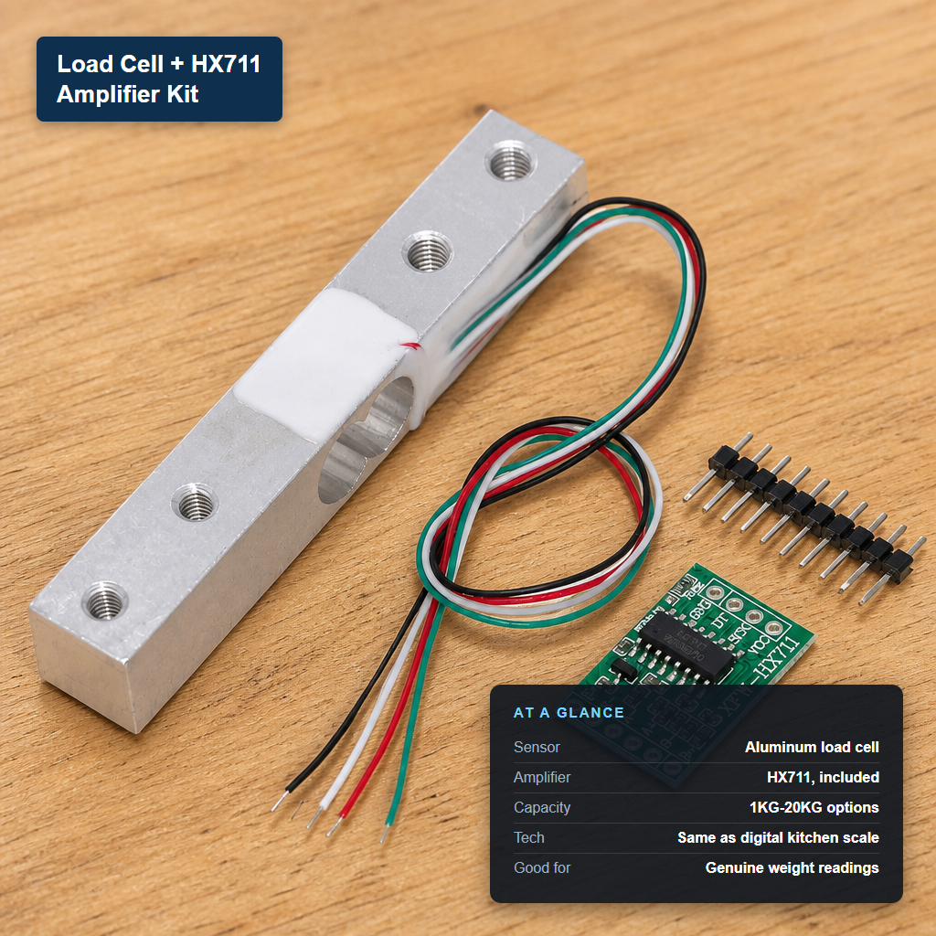 Load cell and HX711 amplifier kit with at-a-glance spec card showing capacity options and kitchen-scale-grade weight sensing