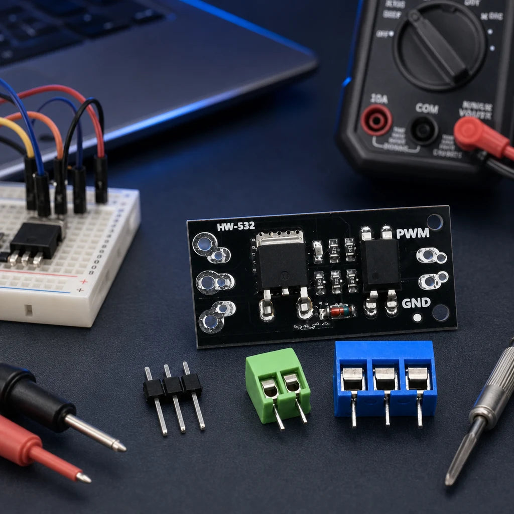 Logic-Level MOSFET switch module with screw terminals on an electronics workbench with a breadboard, jumper wires, and a multimeter