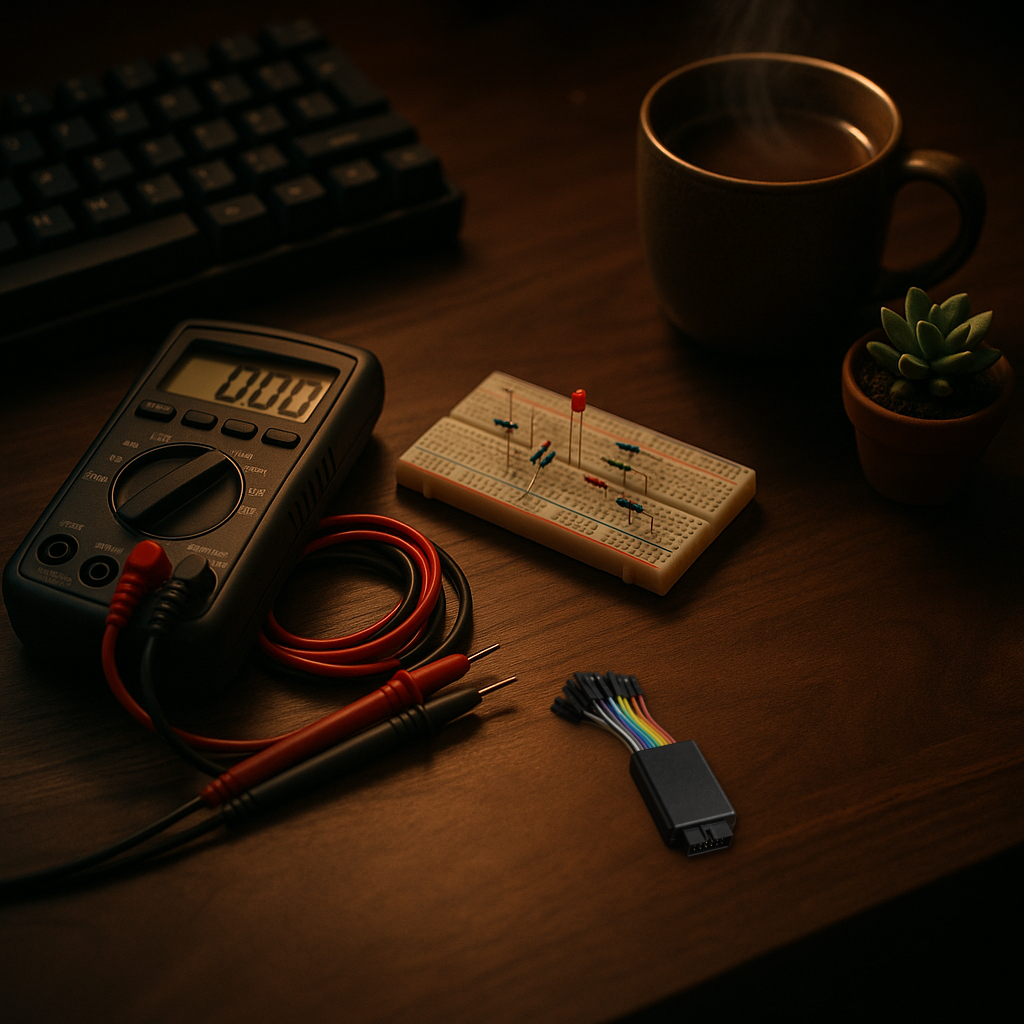 Real USB logic analyzer composited onto a moody workbench scene with a multimeter, a breadboard with LED and resistors, a mug of tea, and a small succulent plant.
