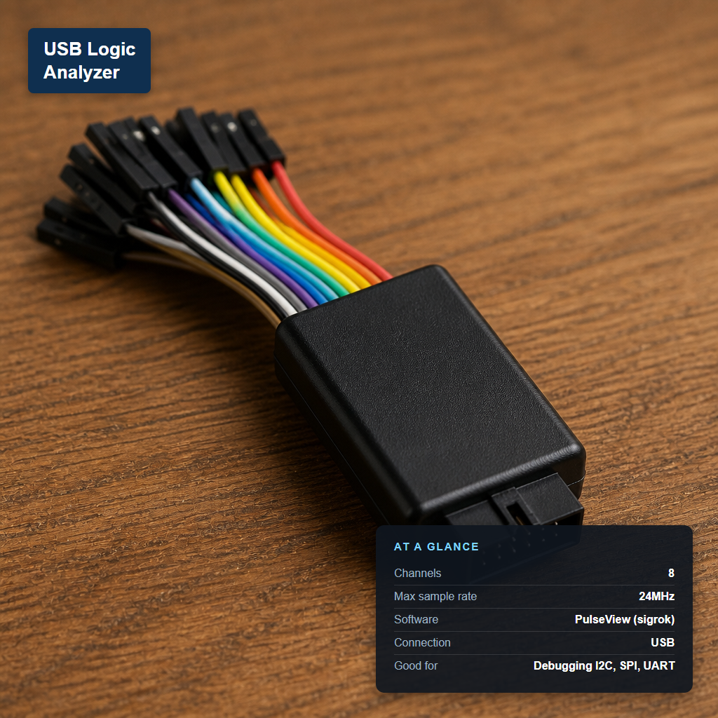 USB logic analyzer with a rainbow ribbon cable of 8 logic probe leads, labeled with its at-a-glance specs: 8 channels, 24MHz max sample rate, PulseView (sigrok) compatible.