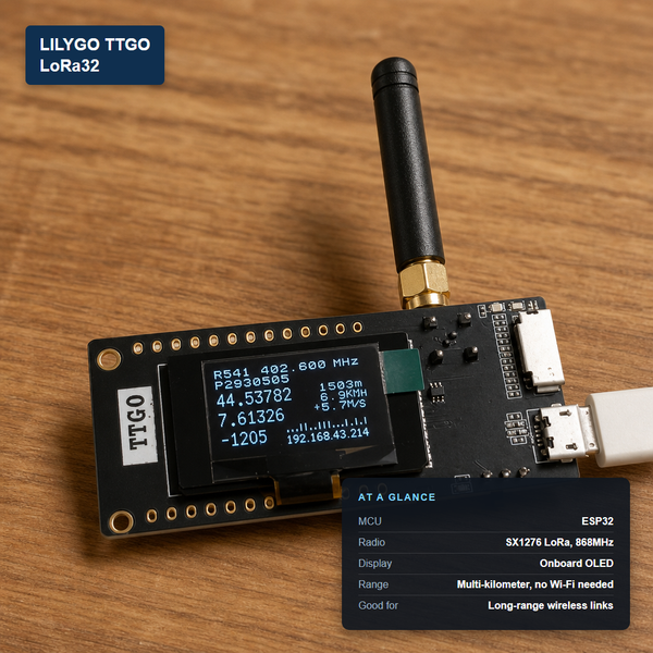 LILYGO TTGO LoRa32 ESP32 board with onboard OLED and LoRa antenna, with at-a-glance spec card showing SX1276 868MHz radio
