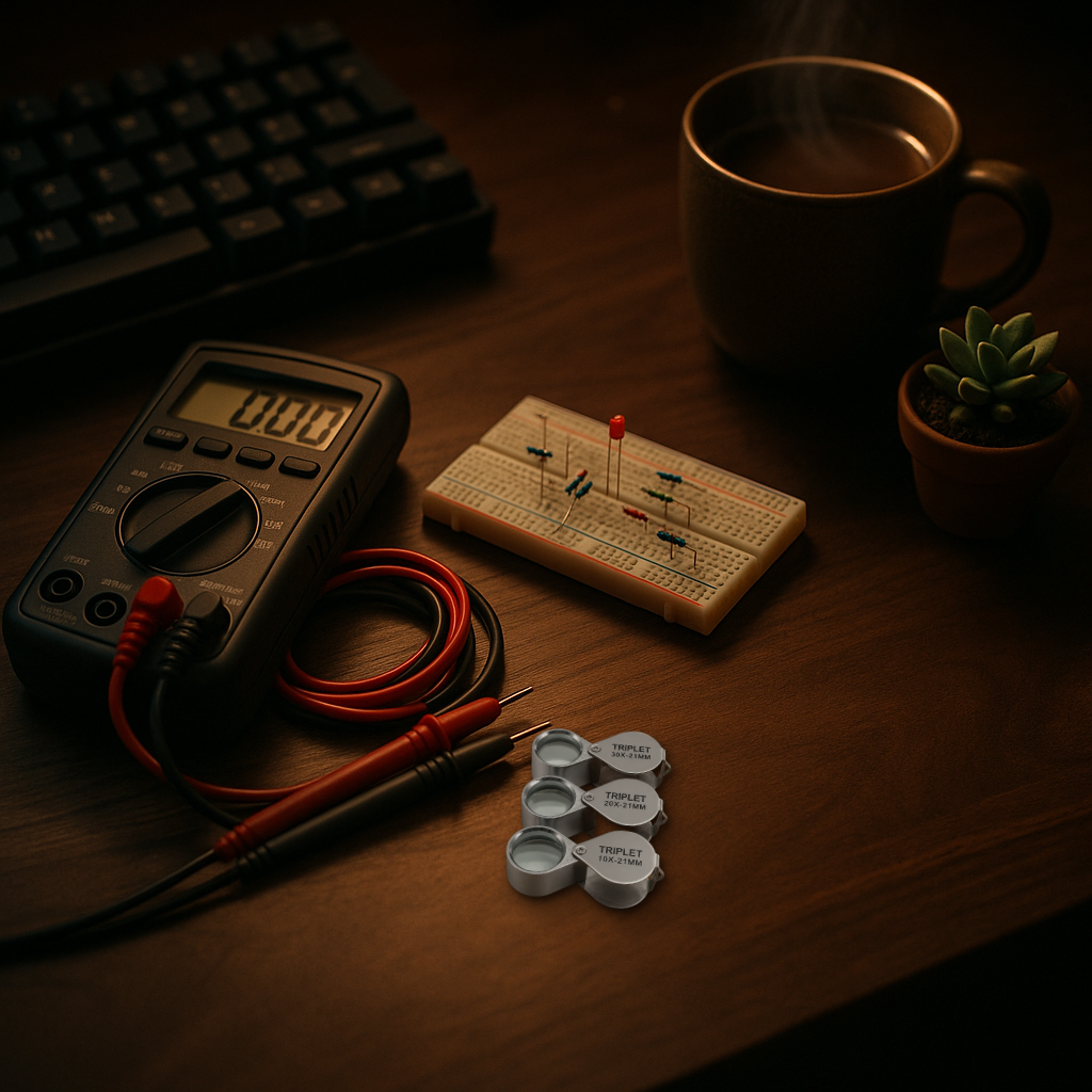 Real jeweler's loupe set composited onto a workbench scene with a multimeter, a breadboard with LED and resistors, a mechanical keyboard, a mug of tea, and a small succulent plant.