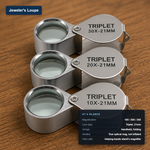 Three jeweler's loupes at 10x, 20x, and 30x magnification with 21mm triplet lenses, handheld folding design, labeled with its at-a-glance specs.
