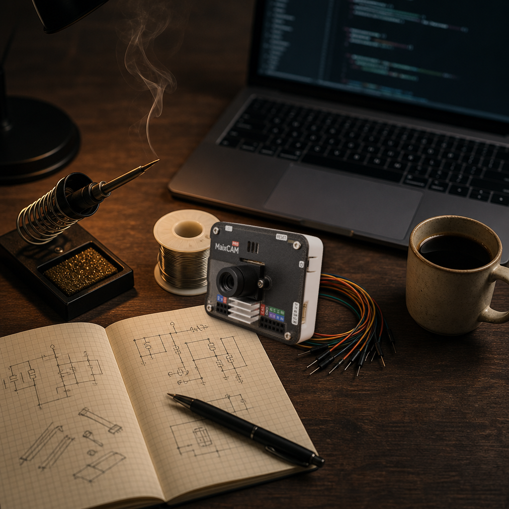 Sipeed MaixCAM Pro on a moody workbench with a soldering iron, solder wire, jumper cables, and a laptop showing code