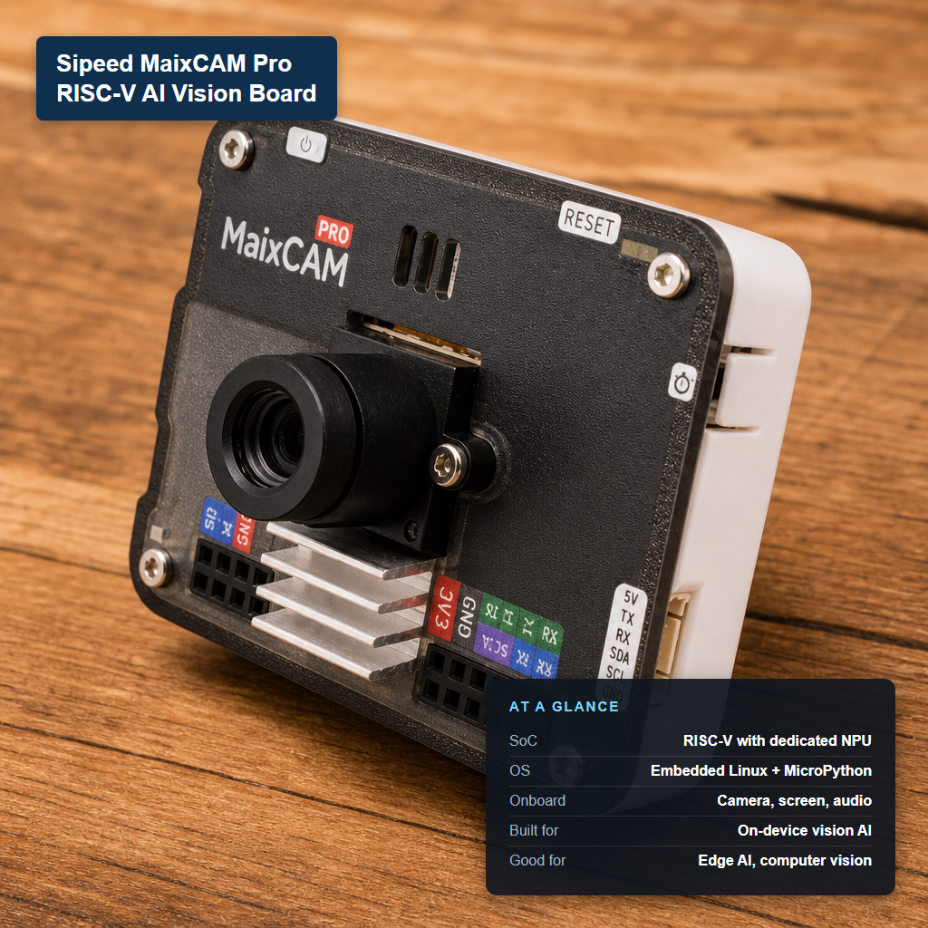 Sipeed MaixCAM Pro RISC-V AI vision board with at-a-glance spec card showing NPU, embedded Linux, and onboard camera/screen/audio