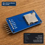 Micro SD card module with CS/SCK/MOSI/MISO/VCC/GND pin headers, showing its standard SPI interface and 3.3V/5V compatibility.