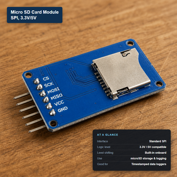 Micro SD card module with CS/SCK/MOSI/MISO/VCC/GND pin headers, showing its standard SPI interface and 3.3V/5V compatibility.