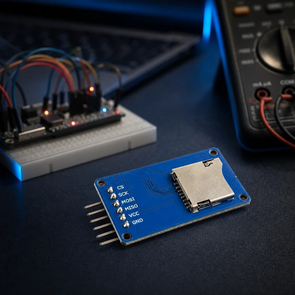 Micro SD card module with labeled SPI pin headers on a workbench with a breadboard, dev board, and multimeter, used for SD-card data logging.