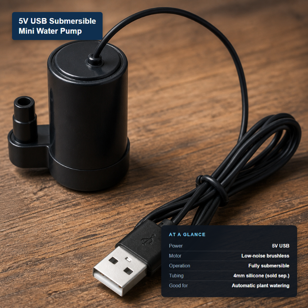 5V USB submersible mini water pump with a low-noise brushless motor and key specs: fully submersible operation and separate 4mm silicone tubing required.