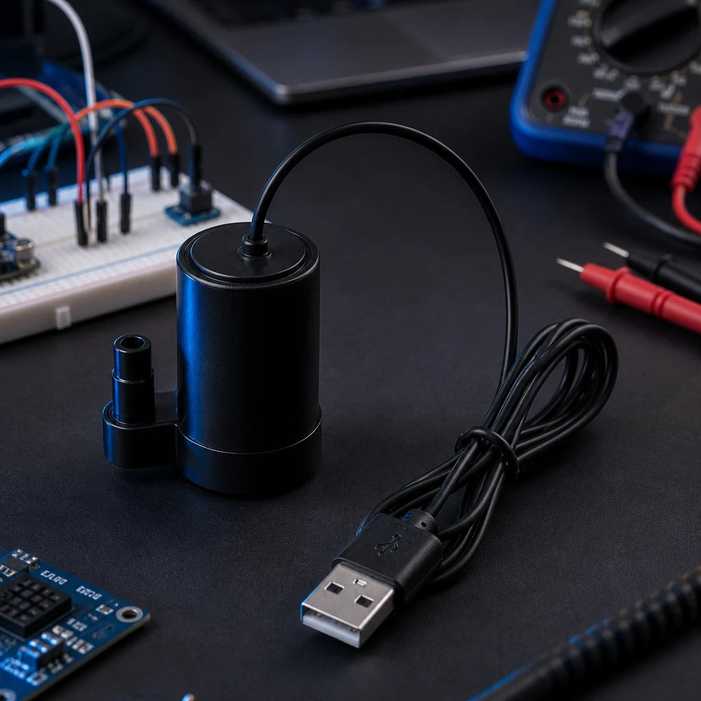 5V USB submersible mini water pump on an electronics workbench with a breadboard, multimeter, and test leads in the background