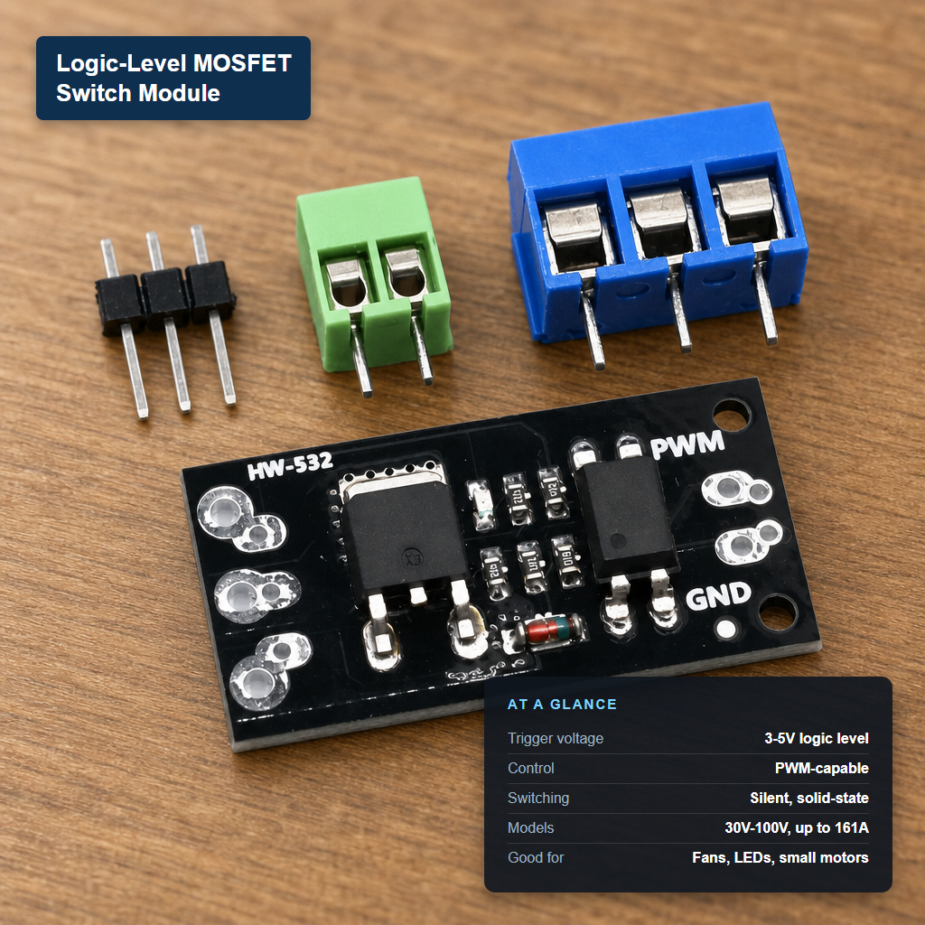 Logic-level MOSFET switch module with terminal blocks and headers, with at-a-glance spec card showing 3-5V trigger voltage