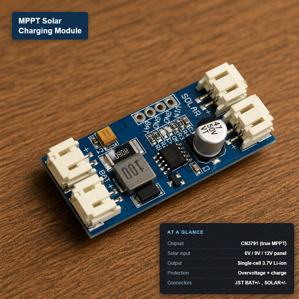 MPPT solar charging module (CN3791) with two JST battery and solar connector pairs, labeled with its at-a-glance specs: chipset, solar input voltage, battery output, protection features, and connector type.