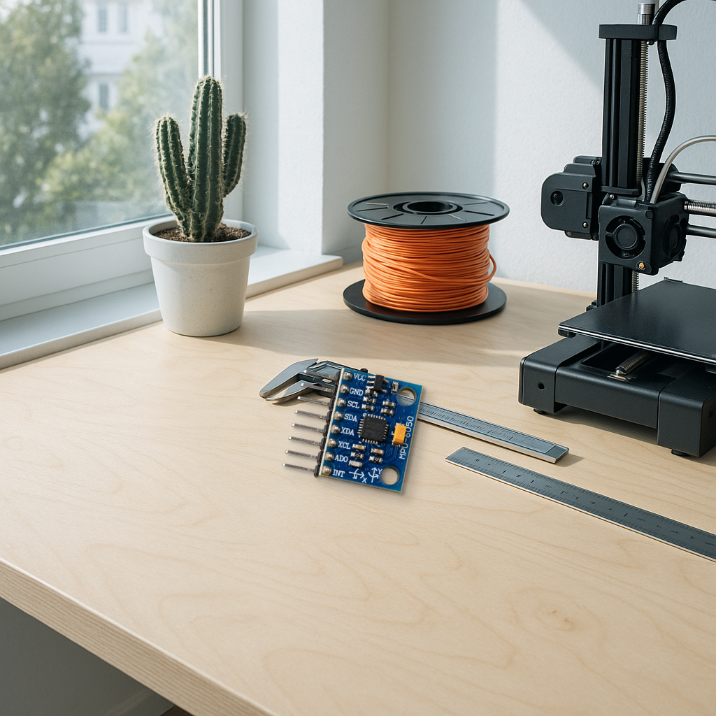 MPU6050 accelerometer and gyroscope module on a bright minimal desk beside a caliper and filament spool