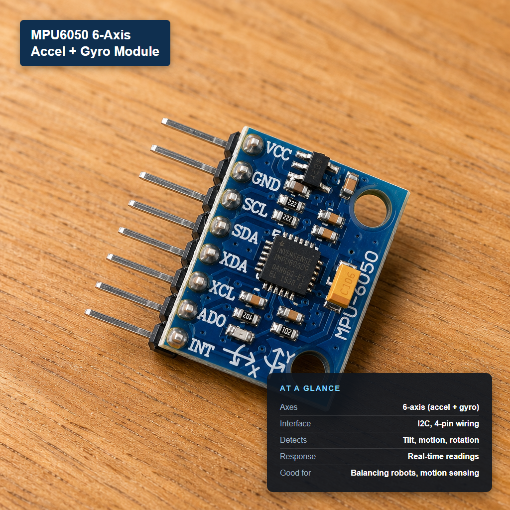 MPU6050 6-axis accelerometer and gyroscope module with at-a-glance spec card showing I2C interface and real-time tilt/motion detection