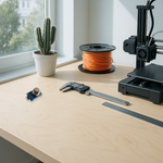 Real MQ-2 gas and smoke sensor composited onto a bright daylight desk scene: a 3D printer, a spool of orange filament, digital calipers, a metal ruler, and a potted cactus by a sunlit window.