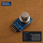 MQ-2 gas and smoke sensor module with metal-mesh sensing element on a blue PCB, labeled with its at-a-glance specs: detects smoke, LPG, methane and propane, analog and adjustable digital output, needs a short warm-up.