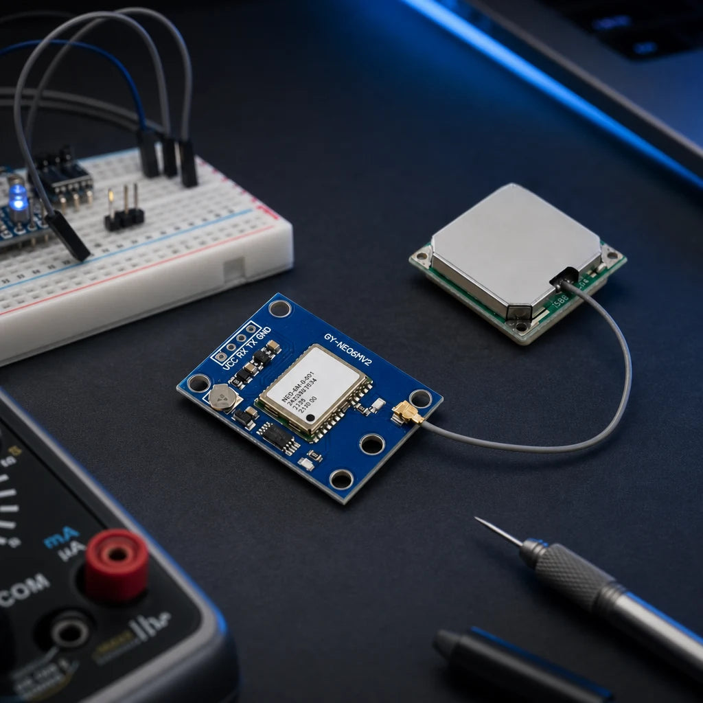 NEO-6M GPS module with ceramic patch antenna connected via coax cable, set up on an electronics workbench with a breadboard and multimeter