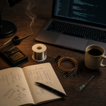Real NRF24L01+PA+LNA wireless module with antenna composited onto a maker's desk scene: soldering iron, solder spool, colorful jumper wires, a laptop, a cup of coffee, and a notebook with hand-drawn circuit sketches.