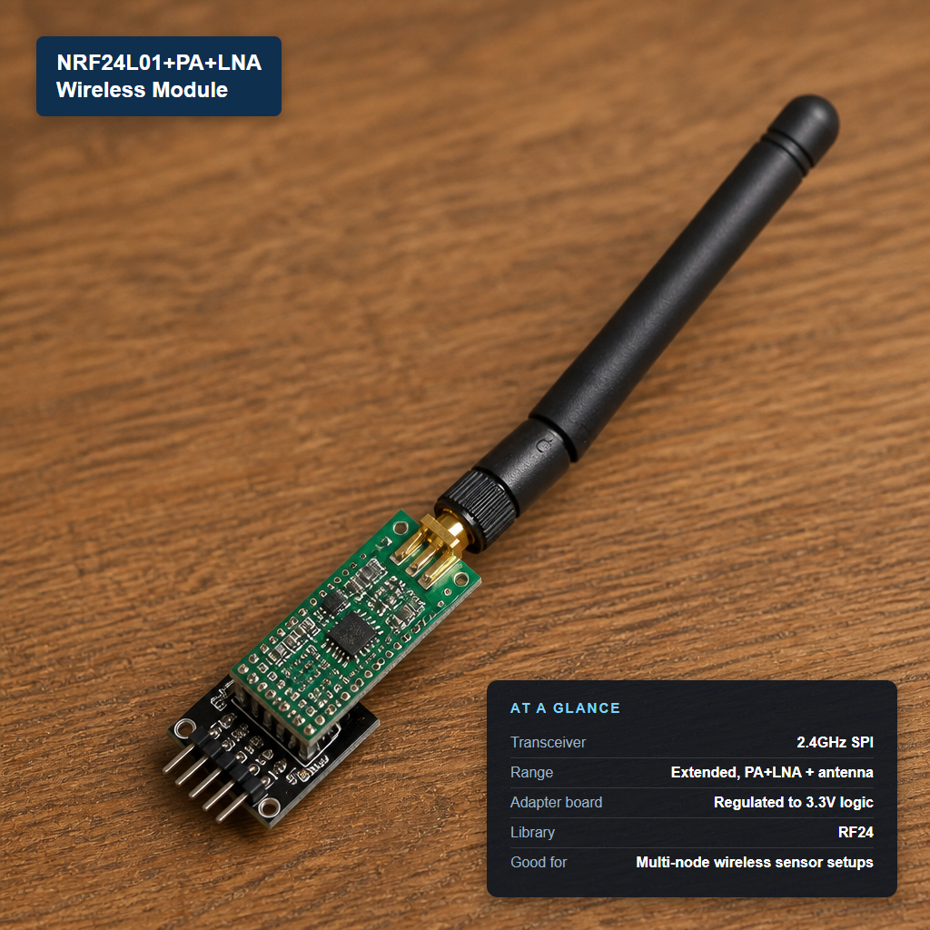 NRF24L01+PA+LNA wireless module with a long-range external antenna and 3.3V regulated adapter board, labeled with its at-a-glance specs.