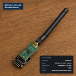 NRF24L01+PA+LNA wireless module with a long-range external antenna and 3.3V regulated adapter board, labeled with its at-a-glance specs.