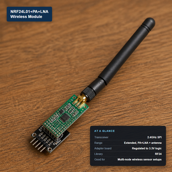 NRF24L01+PA+LNA wireless module with a long-range external antenna and 3.3V regulated adapter board, labeled with its at-a-glance specs.