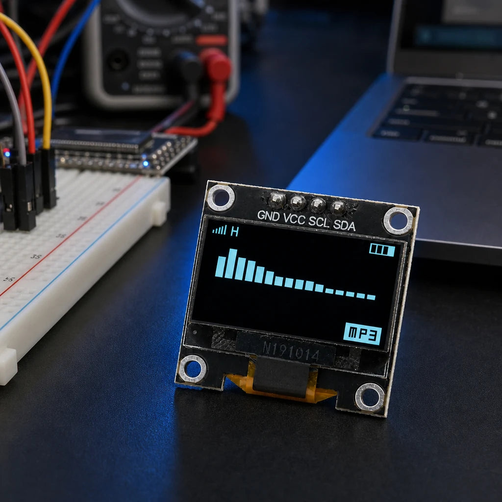 0.96" I2C OLED display module in sharp focus on a dark electronics workbench with a breadboard, jumper wires, a multimeter, and a laptop softly out of focus in the background.