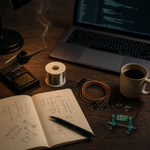 Real PCB clamp and helping-hands soldering station composited onto a maker's desk scene: soldering iron, solder spool, colorful jumper wires, a laptop, a cup of coffee, and a notebook with hand-drawn circuit sketches.