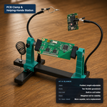 PCB clamp and helping-hands soldering station with padded height-adjustable jaws holding a green circuit board, two flexible gooseneck arms with alligator clips, and a built-in soldering iron holder coil, labeled with its at-a-glance specs.