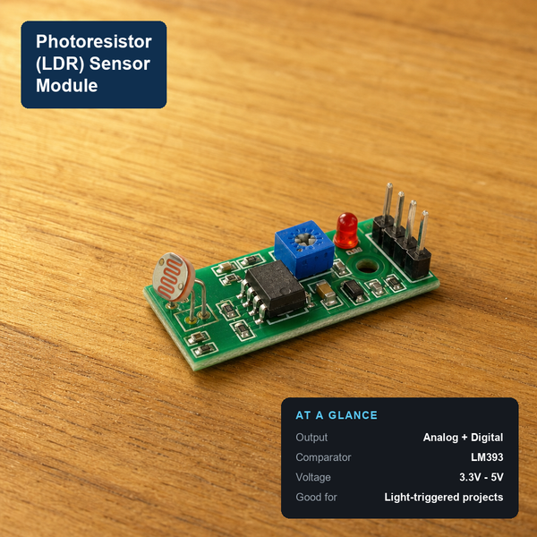 Photoresistor (LDR) analog sensor module with LM393 comparator and sensitivity trim potentiometer