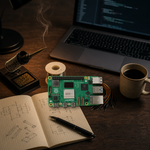 Raspberry Pi 5 board on a moody workbench with a soldering iron, jumper wires, laptop, and coffee