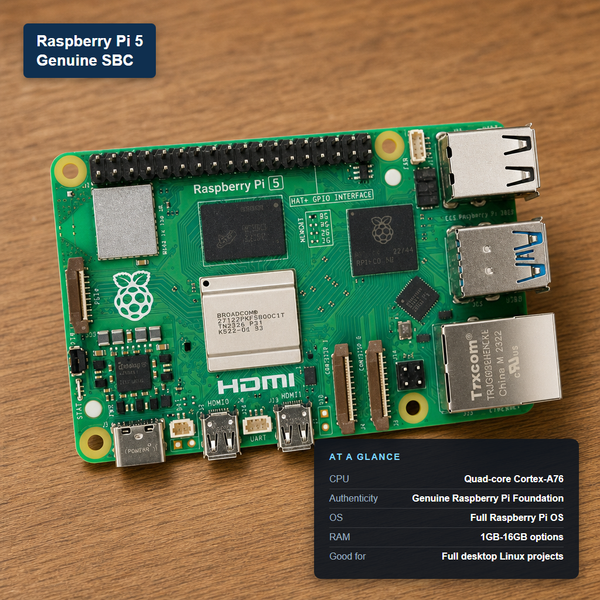 Genuine Raspberry Pi 5 board with at-a-glance spec card showing quad-core Cortex-A76 CPU and full Raspberry Pi OS support