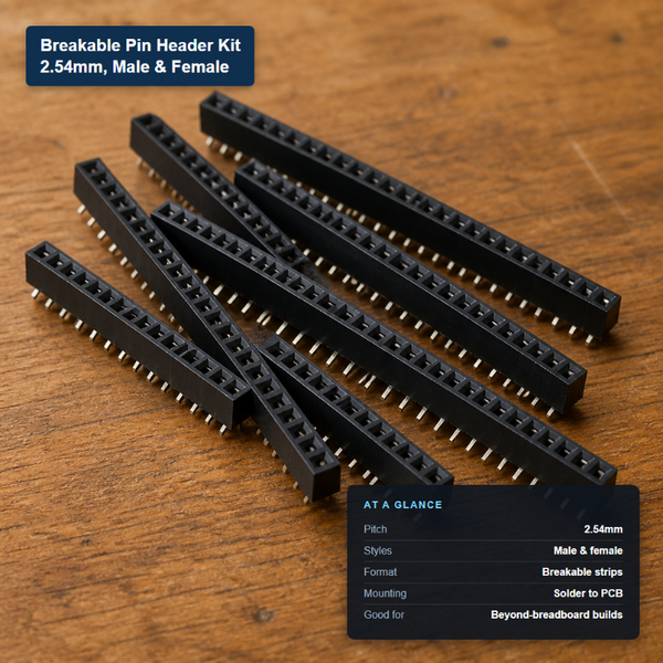 Breakable 2.54mm pitch pin header strips, available in male and female styles, shown fanned out on a wood surface.