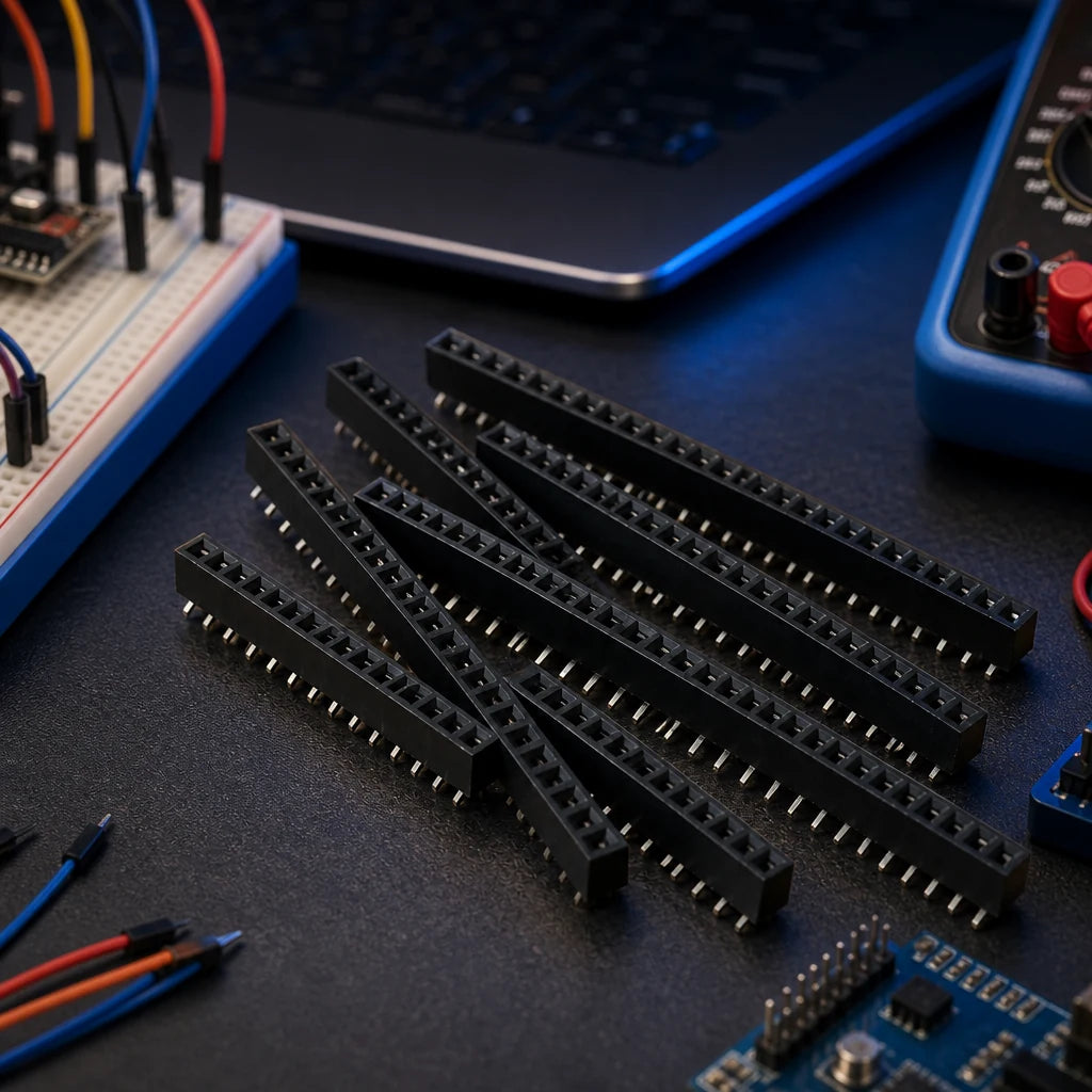 Breakable 2.54mm pin header strips on an electronics workbench with jumper wires, a breadboard, and a multimeter.