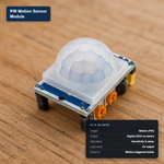 PIR motion sensor module with white dome lens showing key specs: PIR trigger, digital HIGH output, adjustable sensitivity and delay, 5V logic.