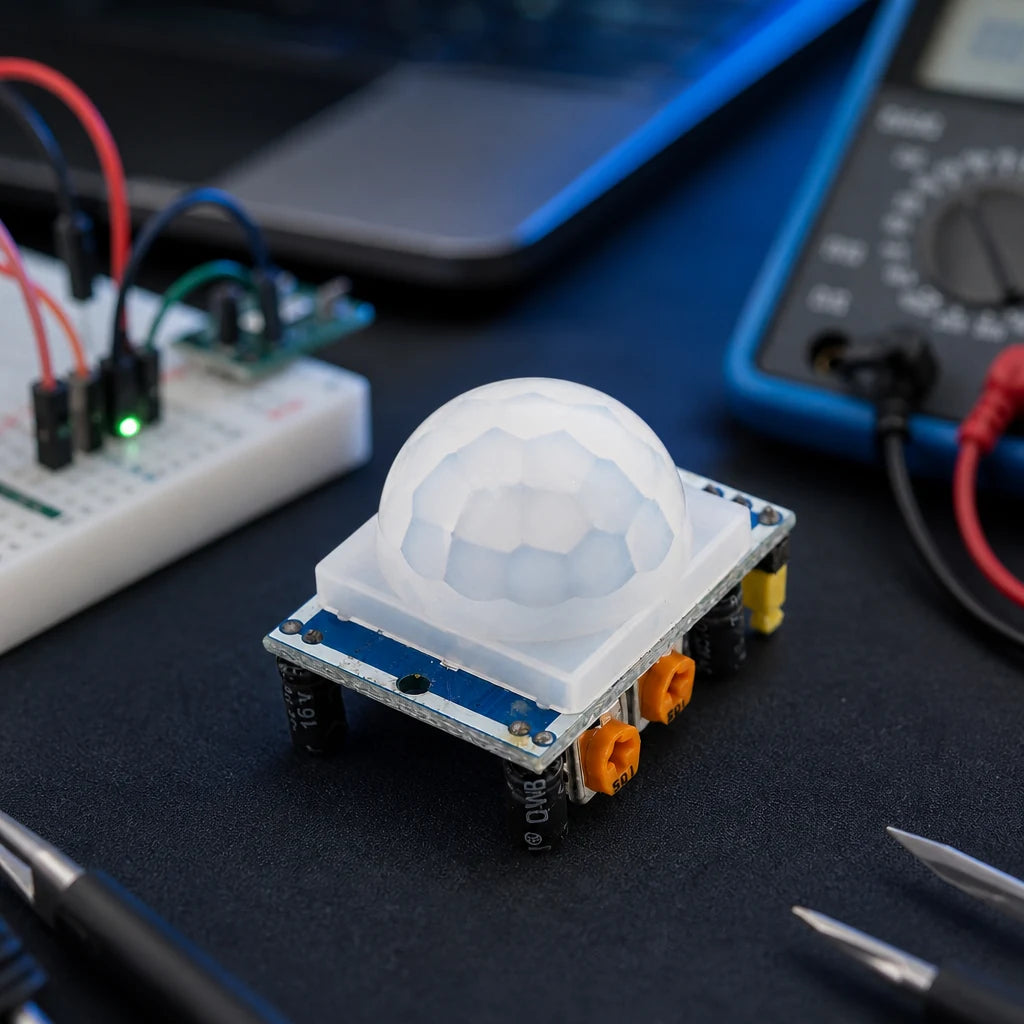 PIR motion sensor module on a dark electronics workbench with breadboard, multimeter, and jumper wires in the background.