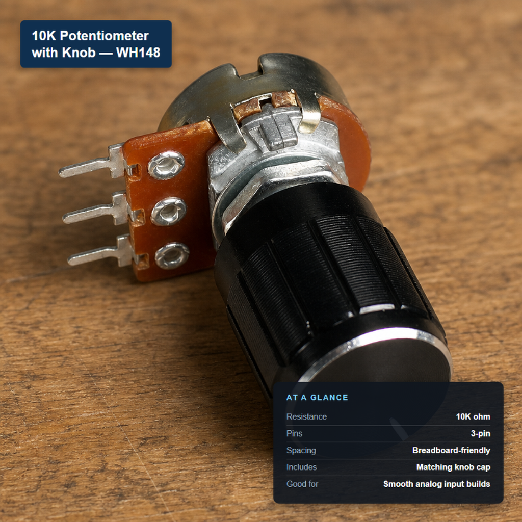 10K ohm WH148 potentiometer with knob, showing 3-pin breadboard-friendly leads and included knob cap.