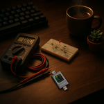 Real USB-C power meter composited onto a workbench scene with a multimeter, a breadboard with LED and resistors, a mechanical keyboard, a mug of tea, and a small succulent plant.
