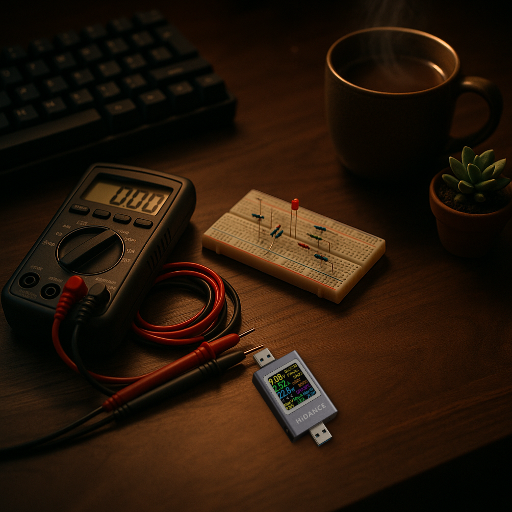 Real USB-C power meter composited onto a workbench scene with a multimeter, a breadboard with LED and resistors, a mechanical keyboard, a mug of tea, and a small succulent plant.