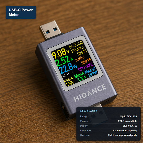 USB-C power meter dongle with a color display showing live voltage, current, and wattage, labeled with its at-a-glance specs: 50V/12A rating, PD3.1 compatibility, live readouts, and accumulated capacity tracking.